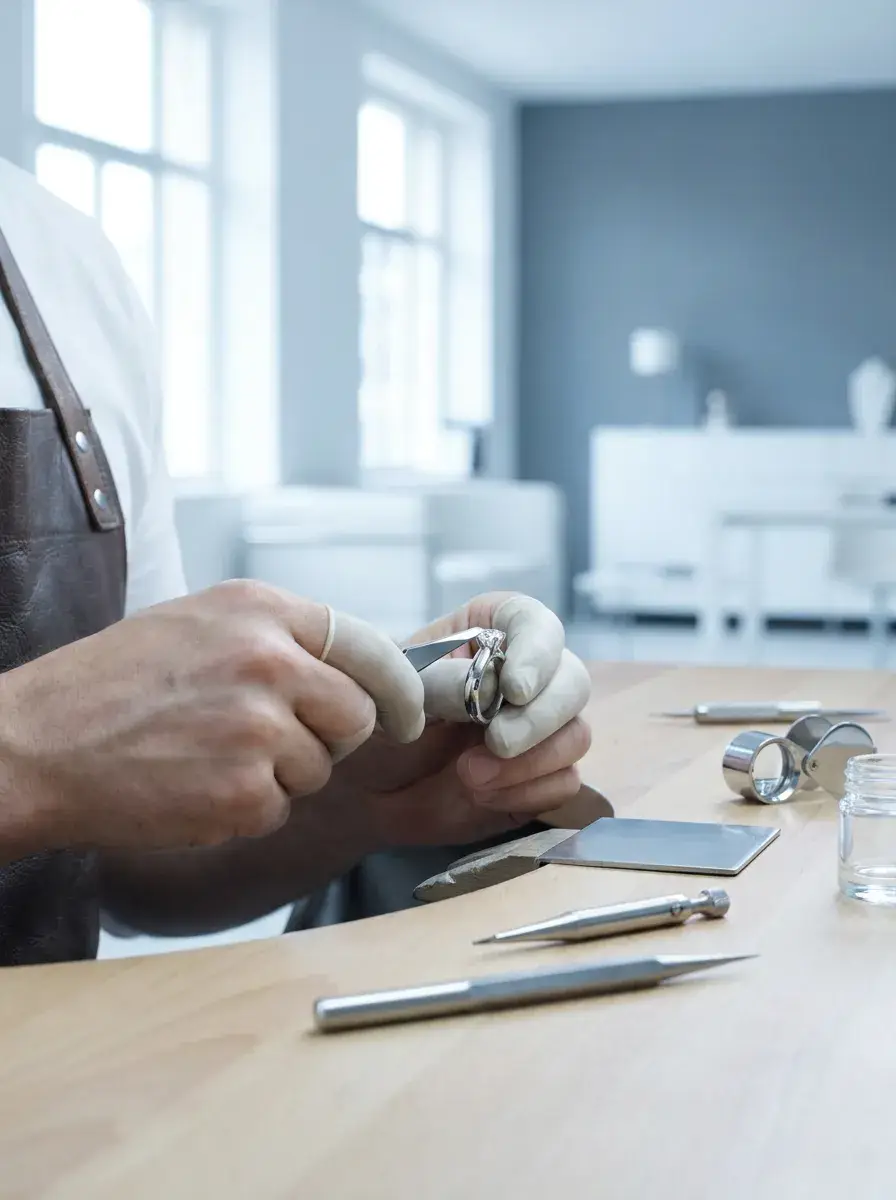 A jeweler setting a lab-grown diamond into a white gold ring at the bench in the Los Angeles studio