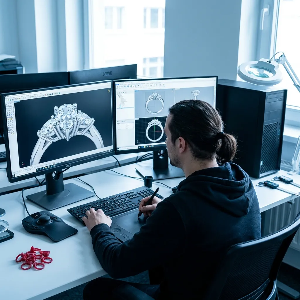 A jewelry designer seen from behind, modeling a diamond ring in 3D CAD software on dual monitors, with calipers and ring gauges on a clean studio desk