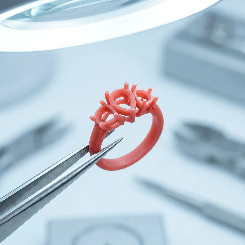 A 3D-printed soft-red castable wax ring pattern held in jeweler's tweezers under bright inspection light