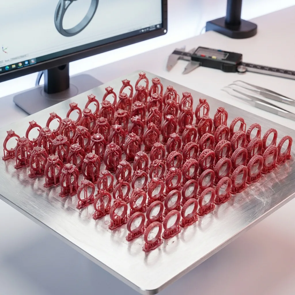 A batch of 3D-printed soft-red castable wax ring patterns fresh from the high-precision wax printer