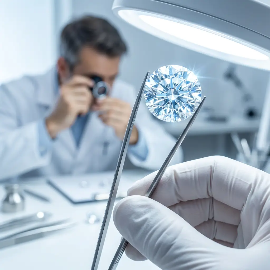 A jeweler inspecting a loose lab-grown diamond in tweezers up to the light