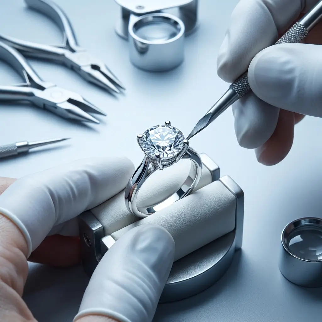 A jeweler setting the diamond into a white gold ring at the bench