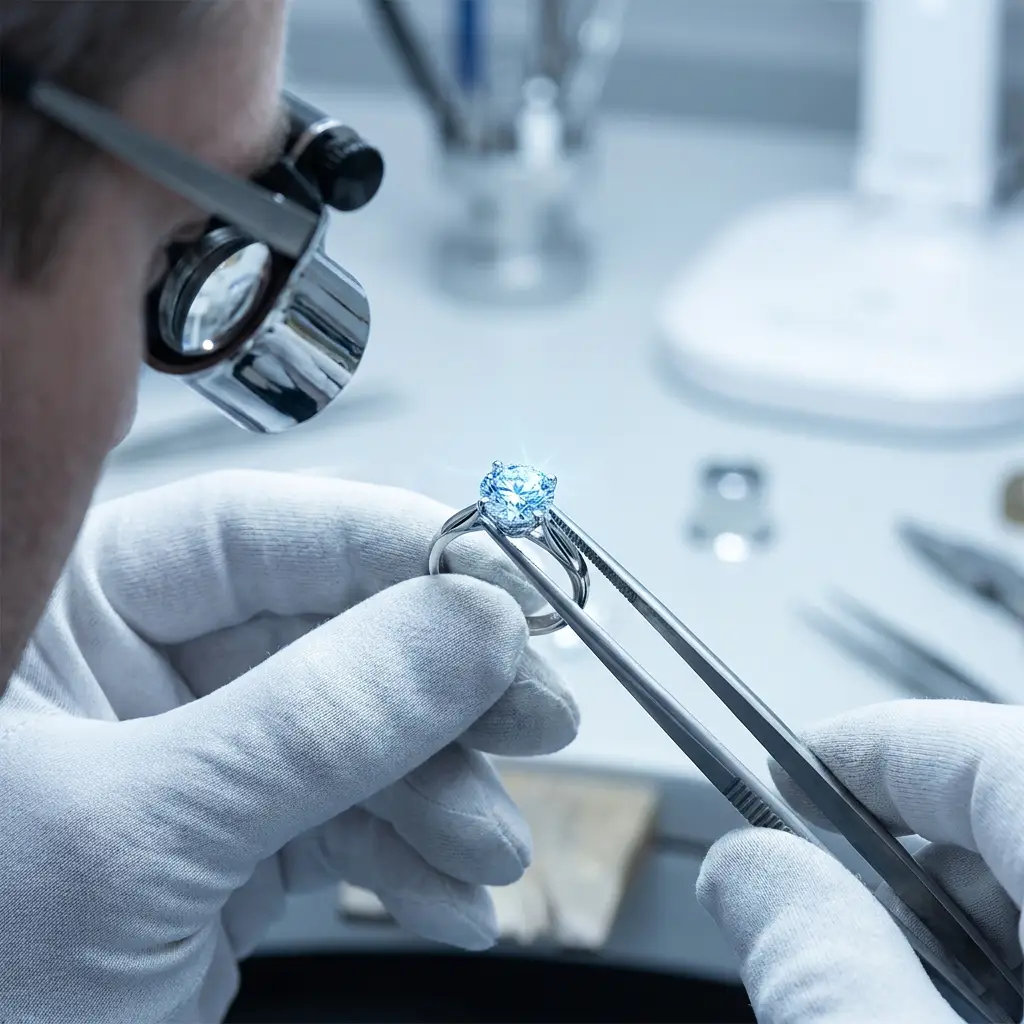 A jeweler examining the finished white gold diamond ring under a loupe for a final check