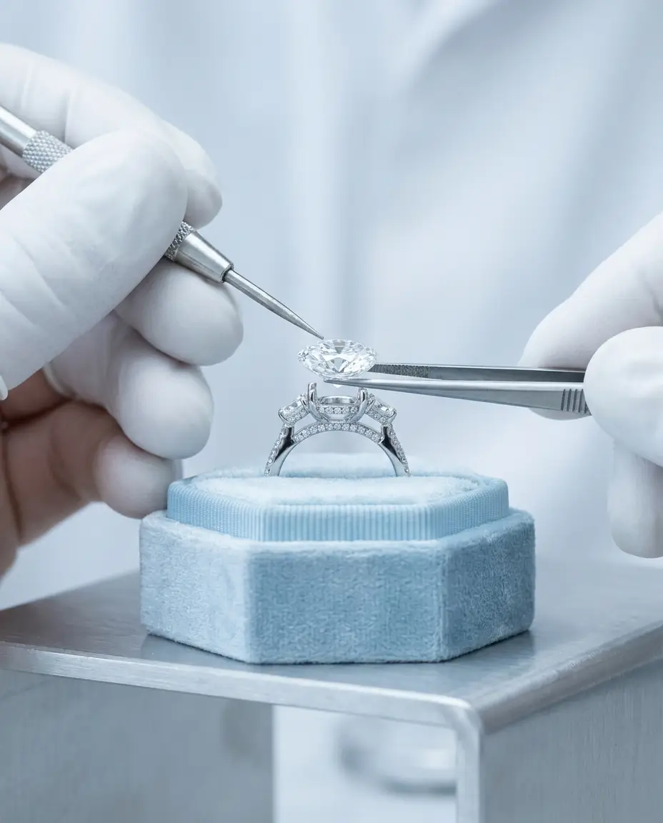 A jeweler setting the center lab diamond into an engagement ring by hand at the bench