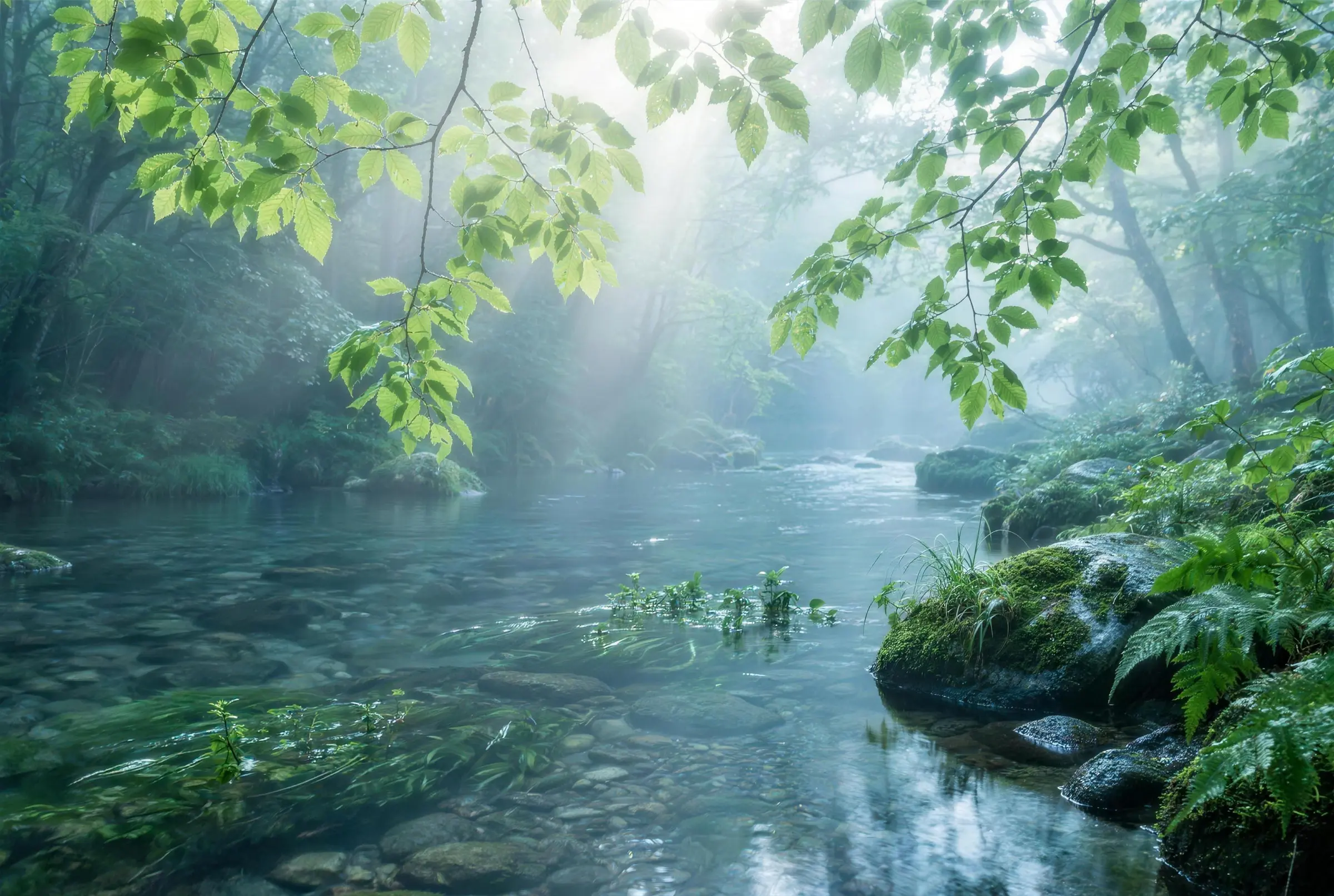 Soft sunlight through fresh green leaves over clear, calm water