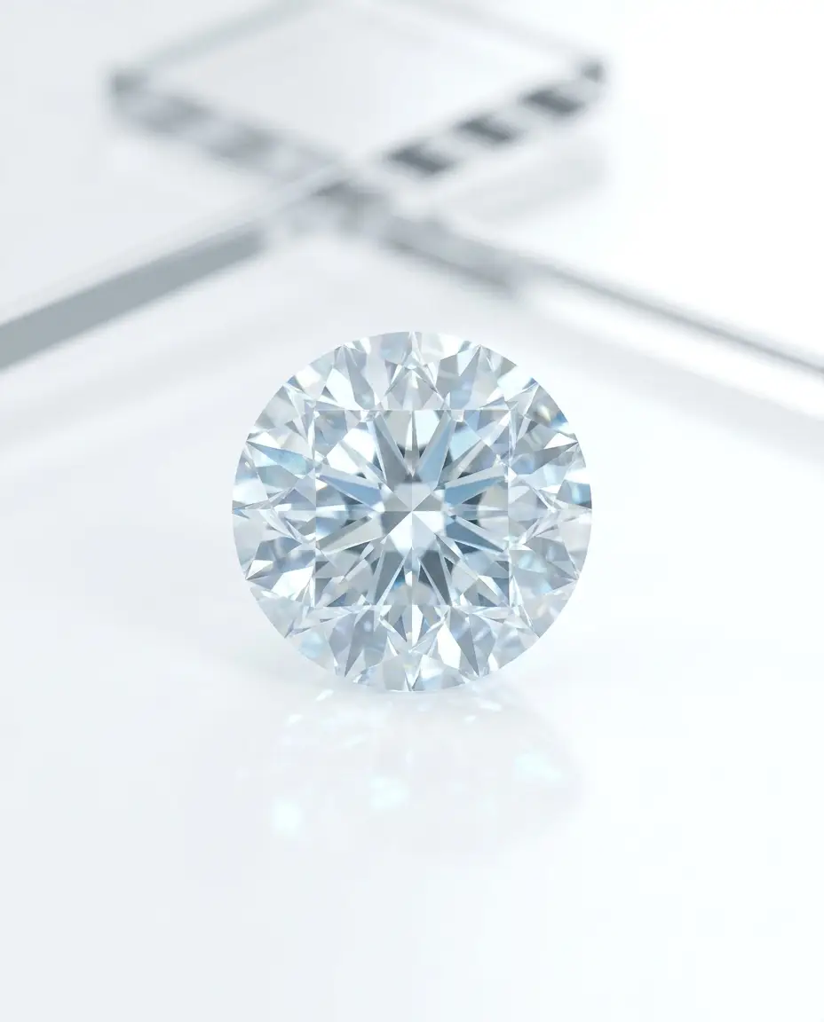 A round brilliant lab-grown diamond dispersing cold light across a white background