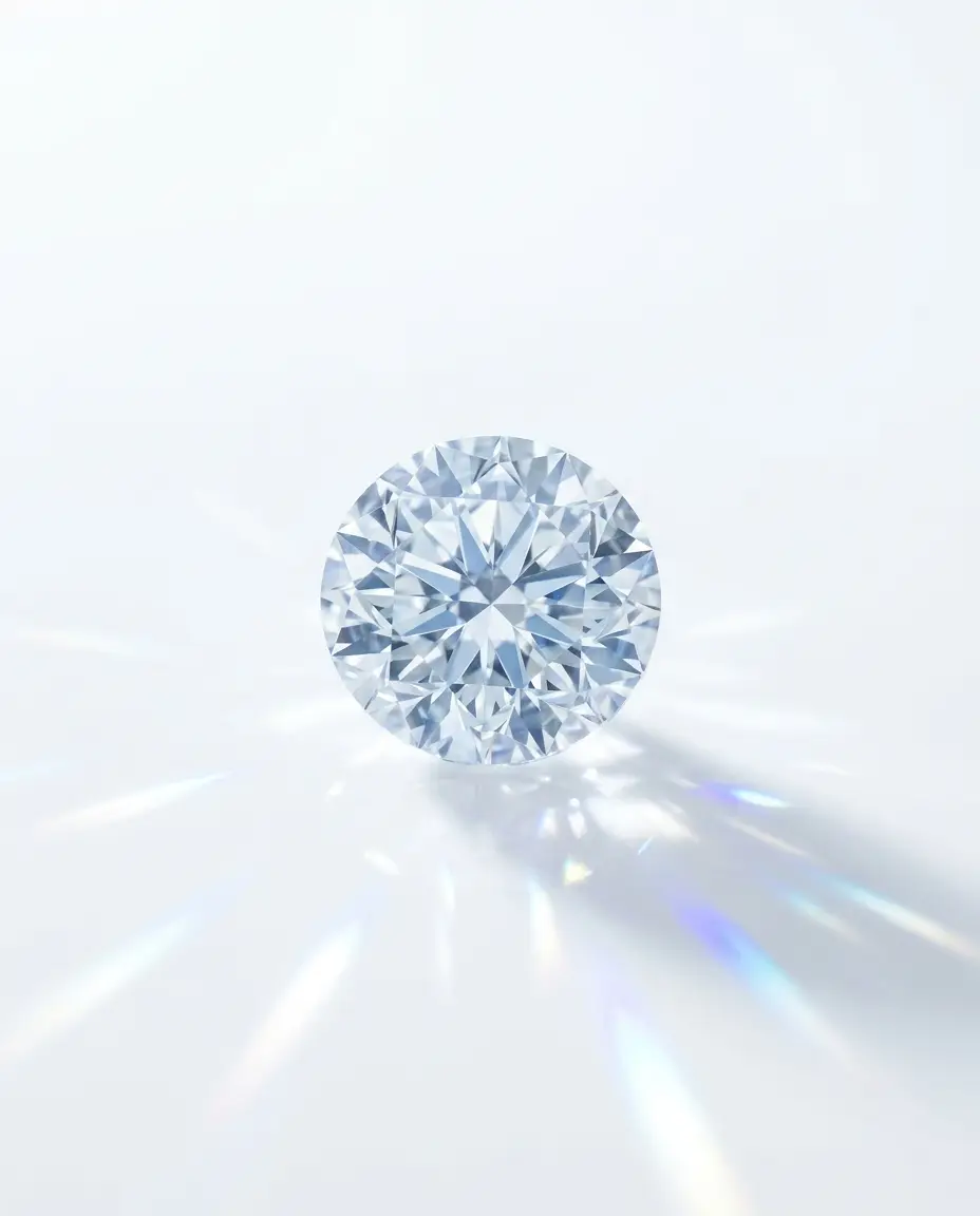 A round brilliant lab diamond dispersing cold light across white