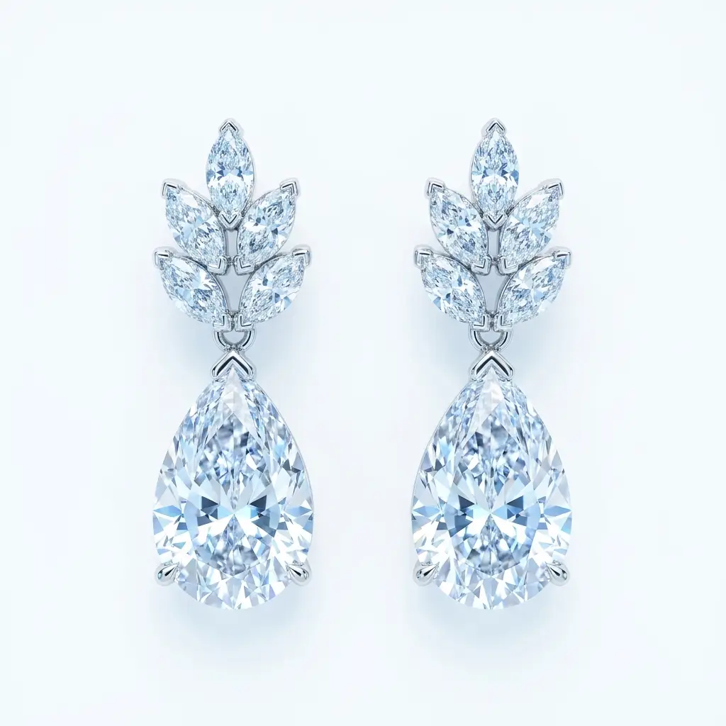 Statement drop earrings, each a large pear diamond framed by a marquise cluster