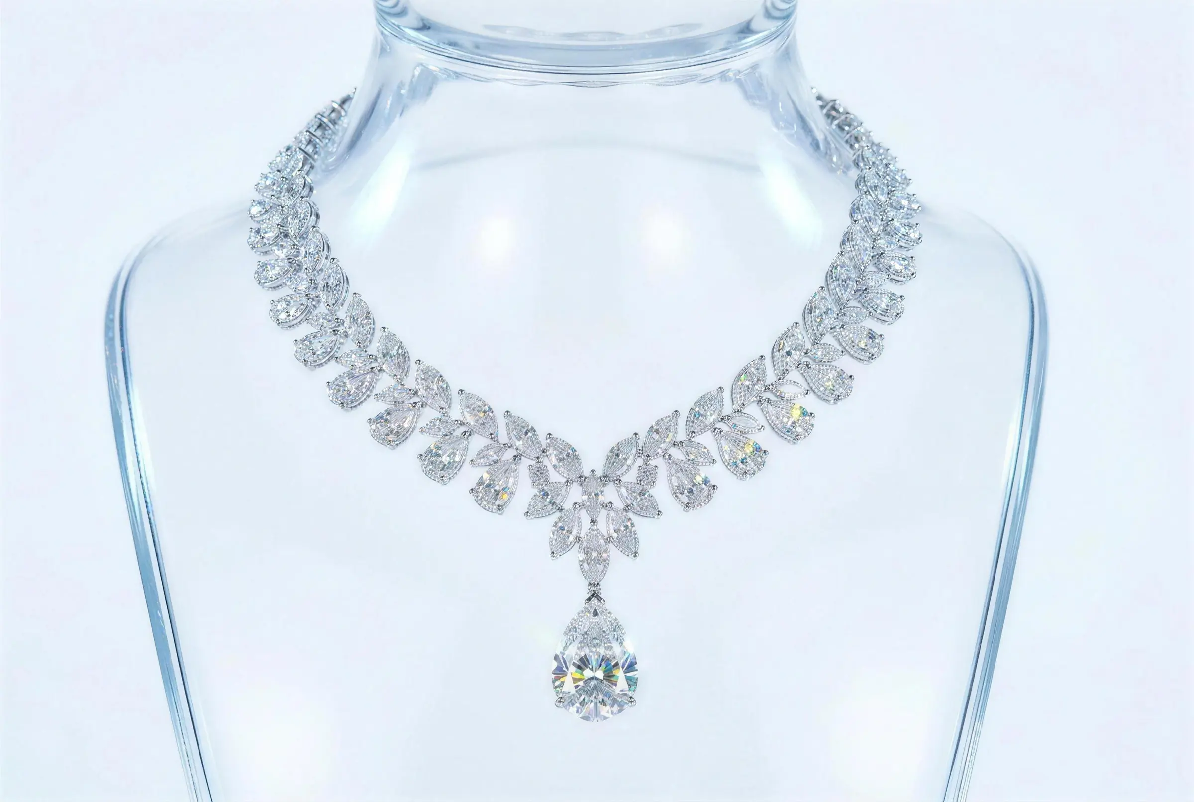 A grand marquise and pear-shaped diamond necklace with a large pear-shaped drop, on a clear neck-stand