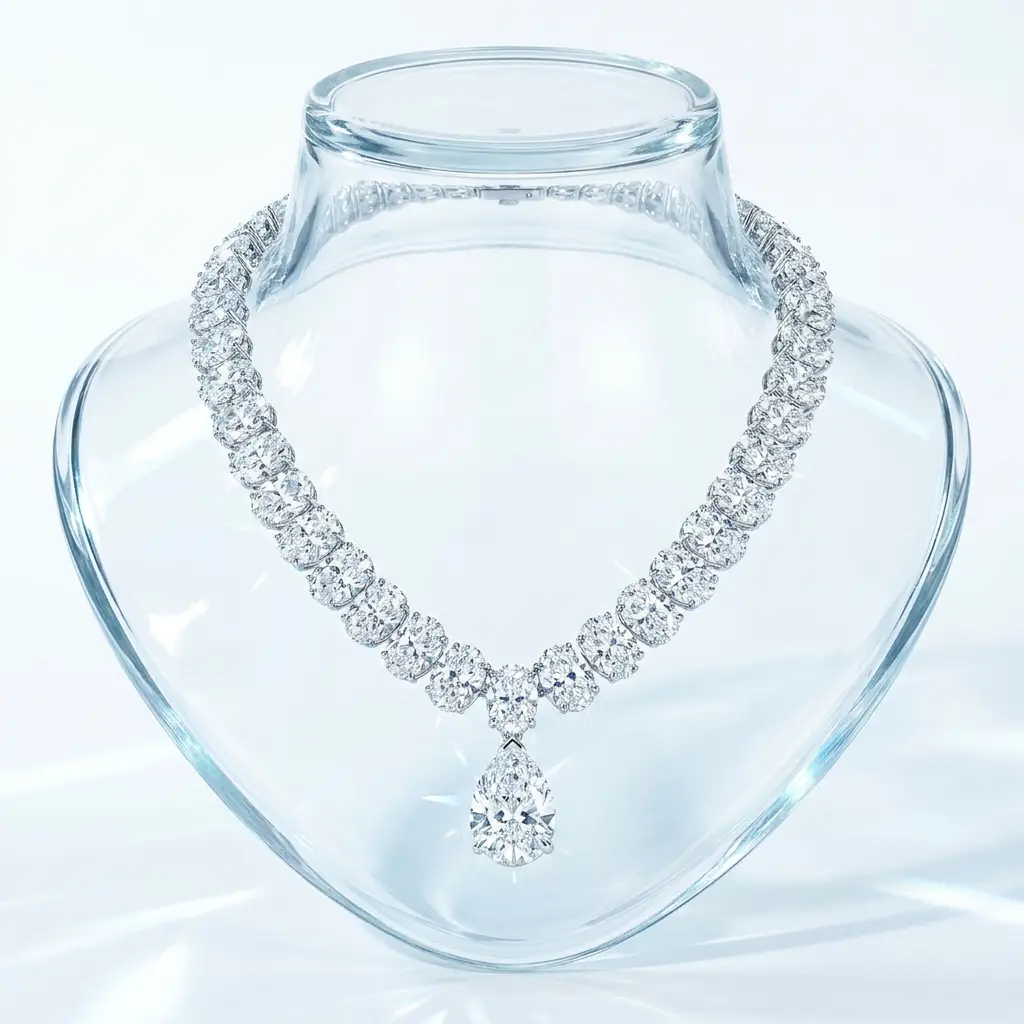 An oval diamond tennis necklace with a large oval-shaped drop pendant
