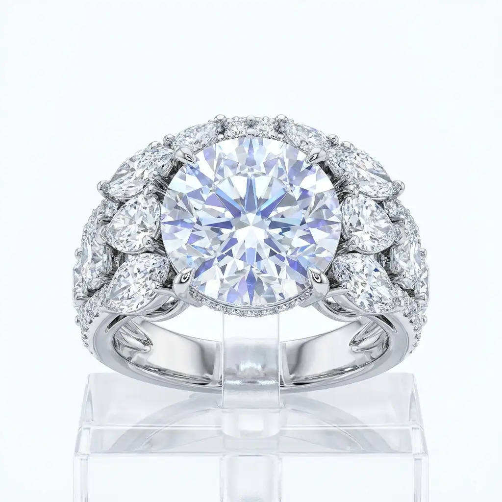 An oversized engagement ring with a very large lab-grown center diamond in white gold