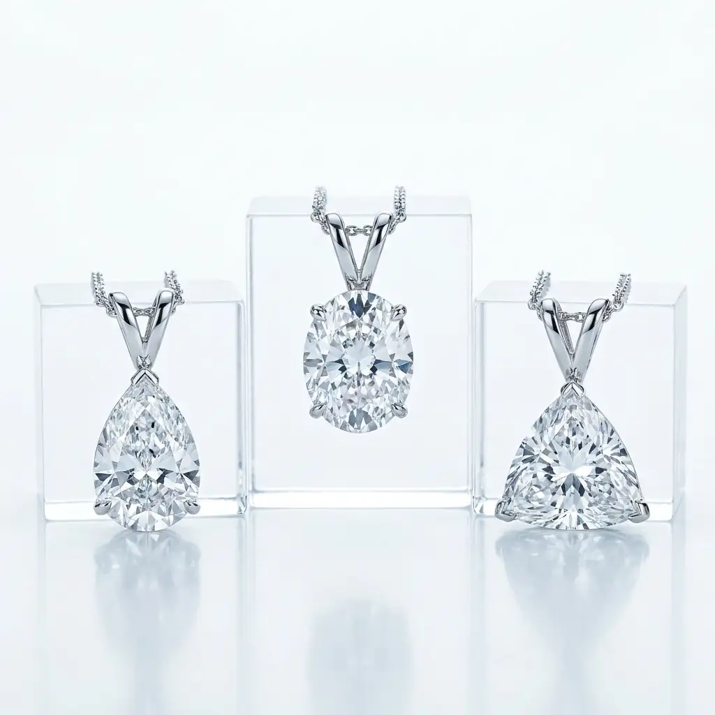 Diamond oval, pear, and triangle pendant necklaces in white gold